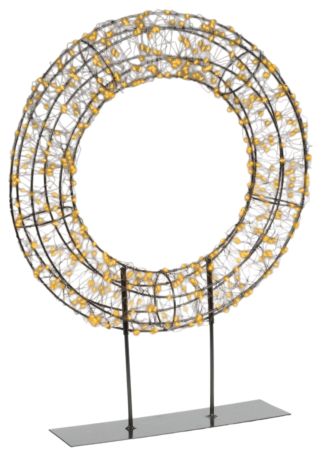 Metallkranz mit gelben Micro-LEDs auf einem Fuß, seitliche Perspektive