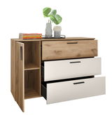 Kommode mit zwei offenen Schubladen und einer Tür, aus Holz mit weißem und naturfarbenem Finish, dekoriert mit Pflanzen und Büchern, Perspektive von vorne links