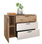 Kommode mit zwei offenen Schubladen und einer Tür, aus Holz mit weißem und naturfarbenem Finish, dekoriert mit Pflanzen und Büchern, Perspektive von vorne links