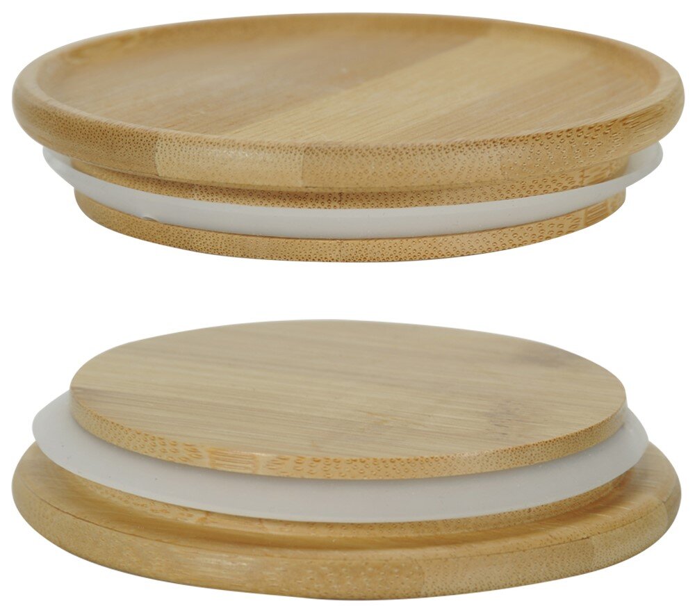 Zwei Bambusdeckel mit Silikondichtung, einer von oben und einer von der Seite betrachtet.