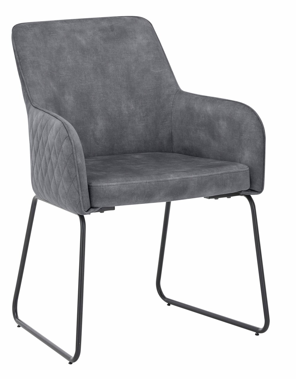 Grauer Kufenstuhl mit Armlehnen und gestepptem Muster, seitliche Perspektive