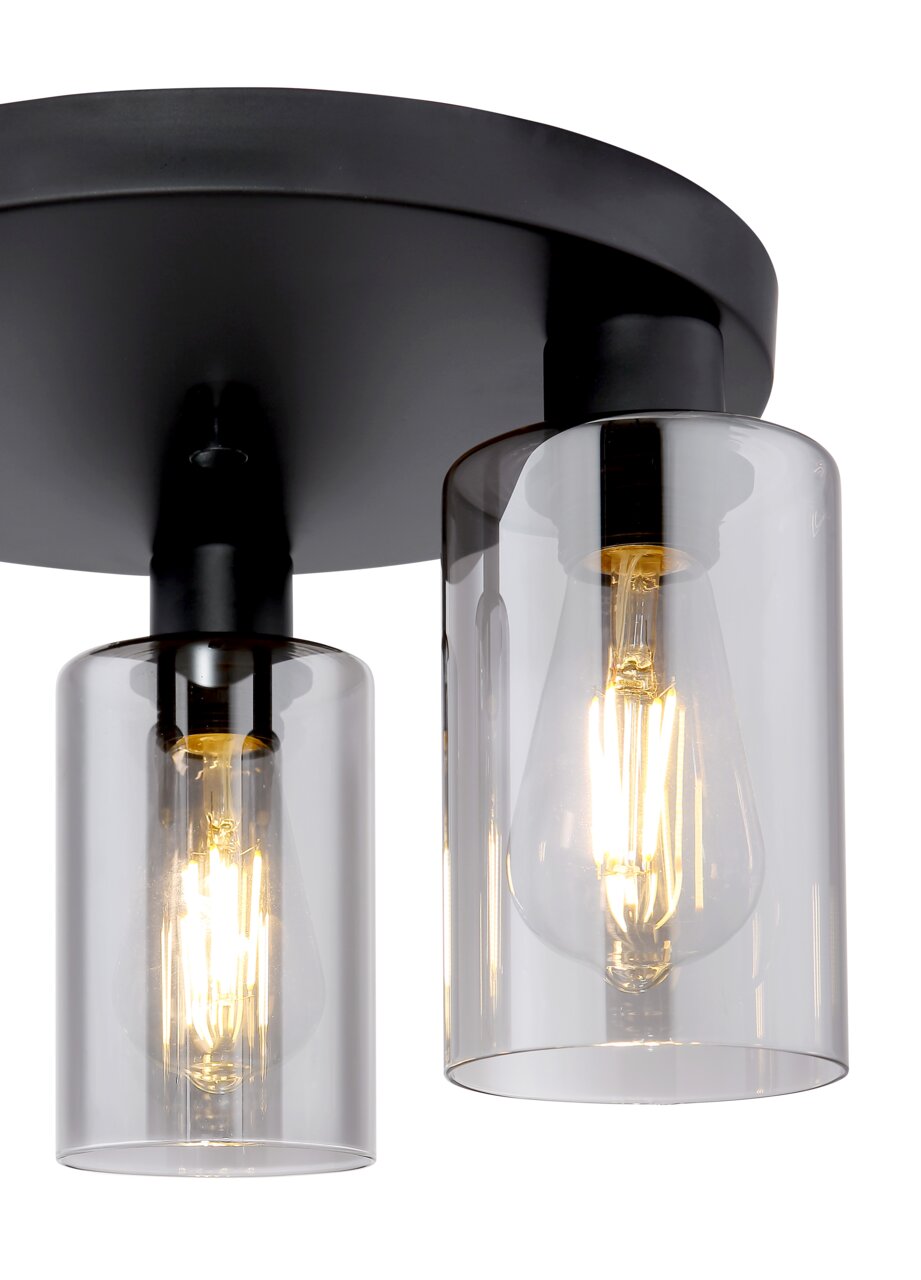 Moderne Deckenleuchte mit zwei klaren Glaszylindern und sichtbaren Glühbirnen, seitliche Perspektive