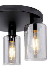 Moderne Deckenleuchte mit zwei klaren Glaszylindern und sichtbaren Glühbirnen, seitliche Perspektive