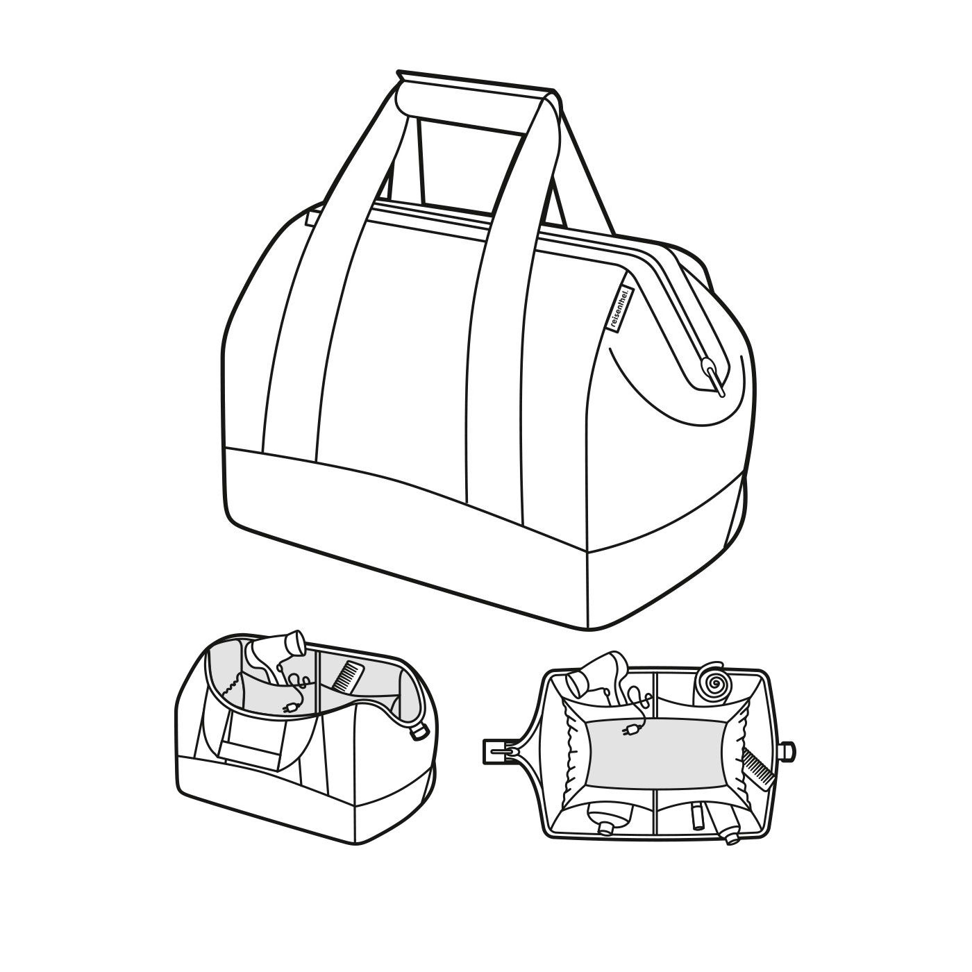Illustration einer vielseitigen Tasche mit Tragegriffen, Reißverschluss und geräumigem Innenraum, perspektivisch von der Seite und von oben gezeigt.