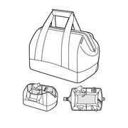 Illustration einer vielseitigen Tasche mit Tragegriffen, Reißverschluss und geräumigem Innenraum, perspektivisch von der Seite und von oben gezeigt.
