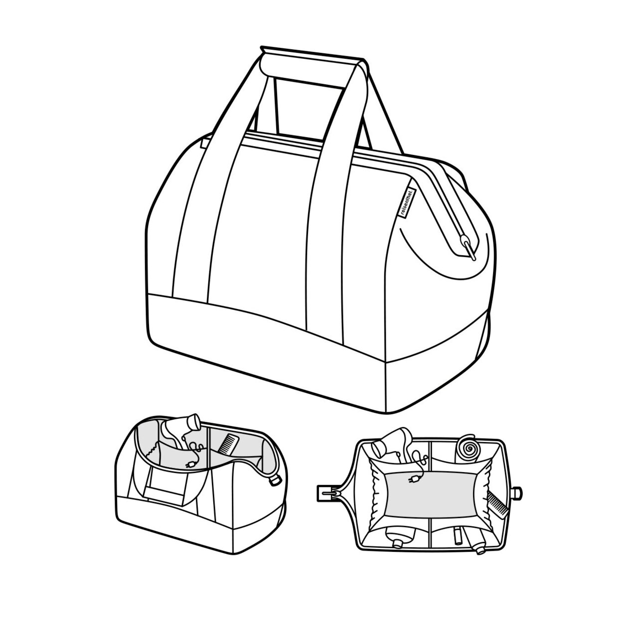 Afbeelding van een veelzijdige tas met handvatten, ritssluiting en een ruime binnenruimte, in perspectief weergegeven vanaf de zijkant en van bovenaf.