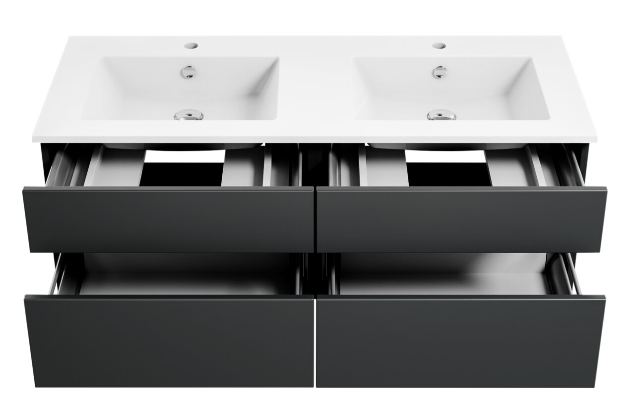 Moderne Badkombination mit zwei Waschbecken und vier offenen Schubladen, Ansicht von oben.