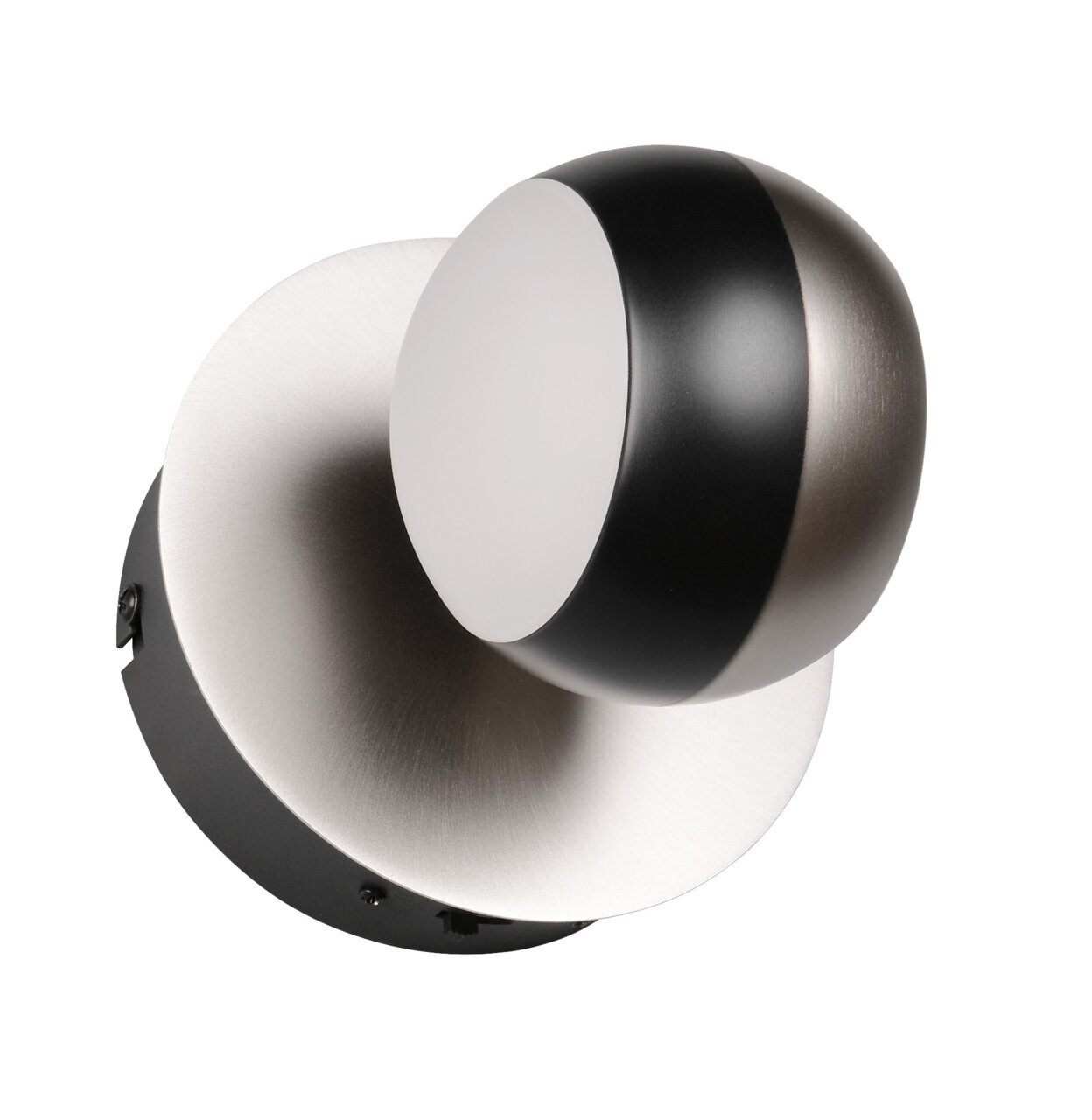 Moderne Wandleuchte ORBIT in Schwarz und Silber, seitliche Perspektive