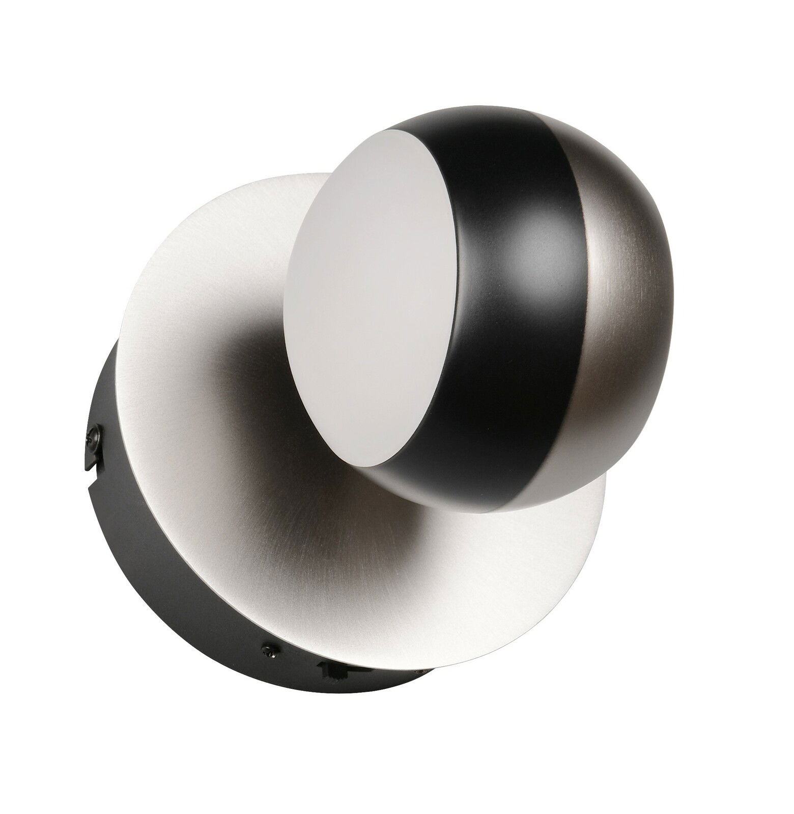 Moderne Wandleuchte ORBIT in Schwarz und Silber, seitliche Perspektive