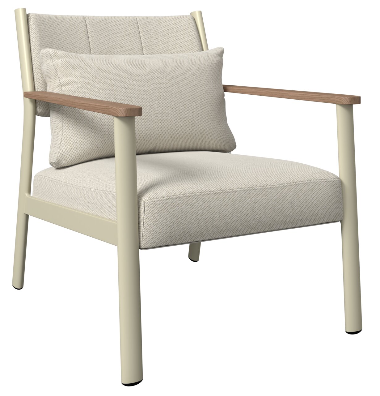 Bequemer Gartenstuhl mit hellen Polstern und Armlehnen aus Holz, seitliche Perspektive