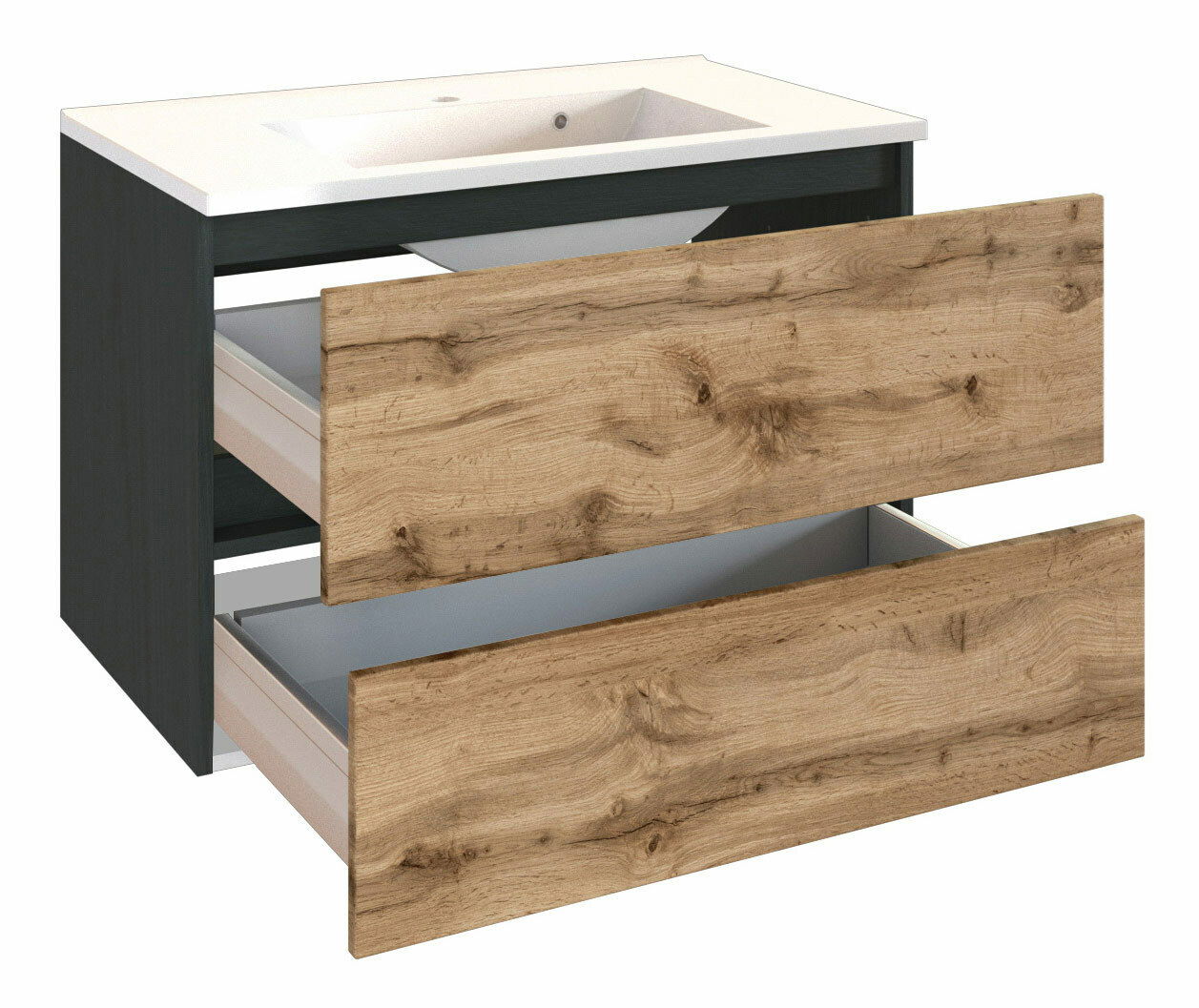 XORA Badkombination LUCCA Waschtisch mit zwei offenen Schubladen in Holzoptik, seitliche Perspektive