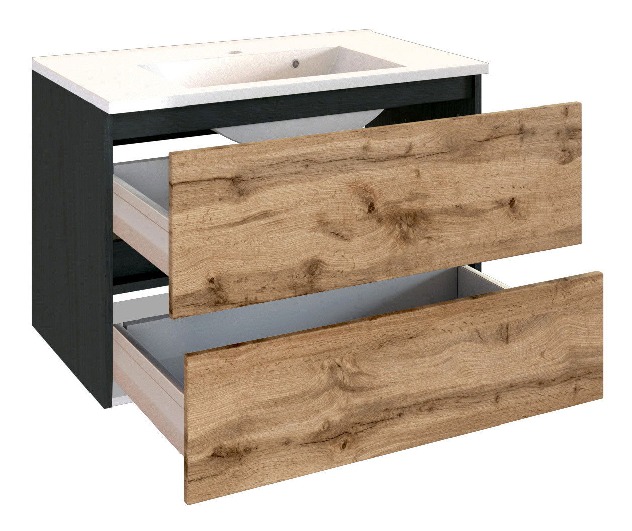 XORA Badkombination LUCCA Waschtisch mit zwei offenen Schubladen in Holzoptik, seitliche Perspektive