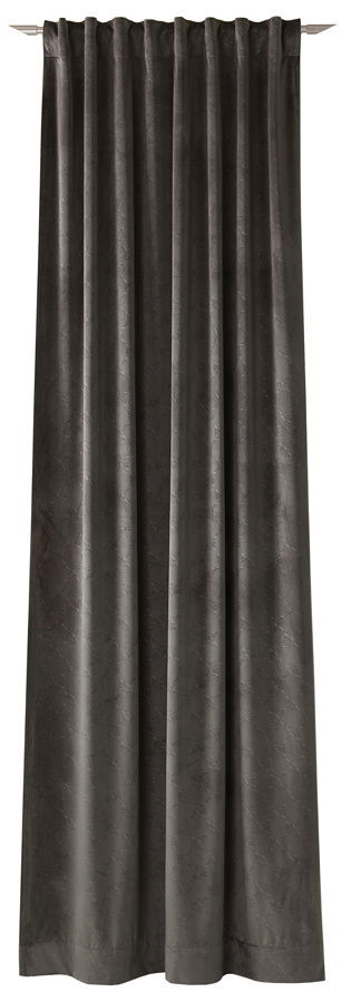 Dekoschal in dunklem Grau, frontal aufgenommen, mit dezenter Musterung und gleichmäßigen Falten.