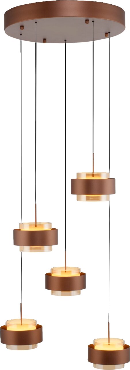 Moderne LED-Hängeleuchte mit fünf runden, bronzefarbenen Lampenschirmen, die an dünnen Kabeln von einer runden Deckenhalterung hängen. Perspektive von unten.