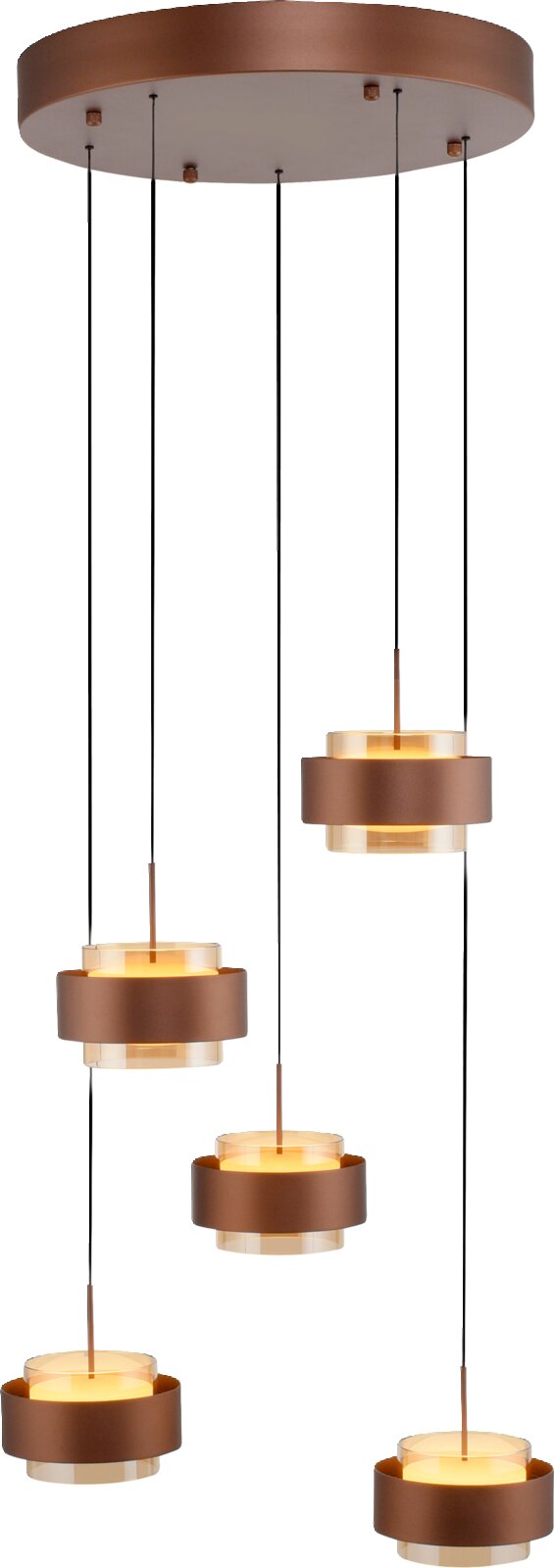 Moderne LED-hanglamp met vijf ronde, bronskleurige lampenkappen, die aan dunne kabels aan een ronde plafondbevestiging hangen. Aanzicht van onderaf.