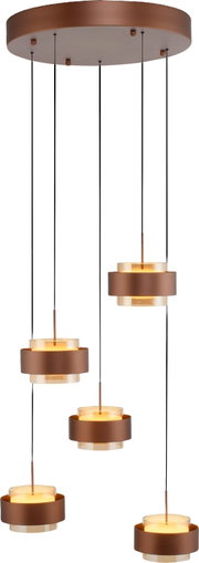 Moderne LED-hanglamp met vijf ronde, bronskleurige lampenkappen, die aan dunne kabels aan een ronde plafondbevestiging hangen. Aanzicht van onderaf.