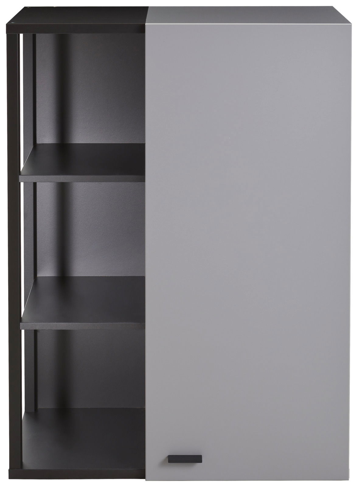 Hängeelement mit drei offenen Regalfächern links und einer geschlossenen Tür rechts, Frontansicht