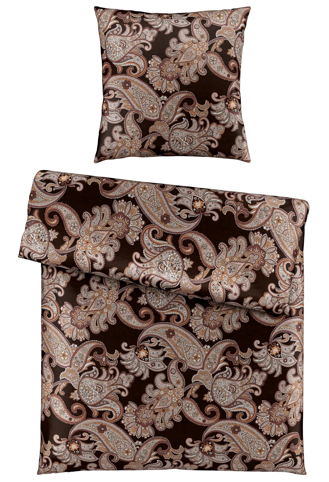 Bettwäsche-Set mit Paisley-Muster in Braun- und Beigetönen, bestehend aus einem Kissenbezug und einem Bettdeckenbezug, aus der Vogelperspektive fotografiert.