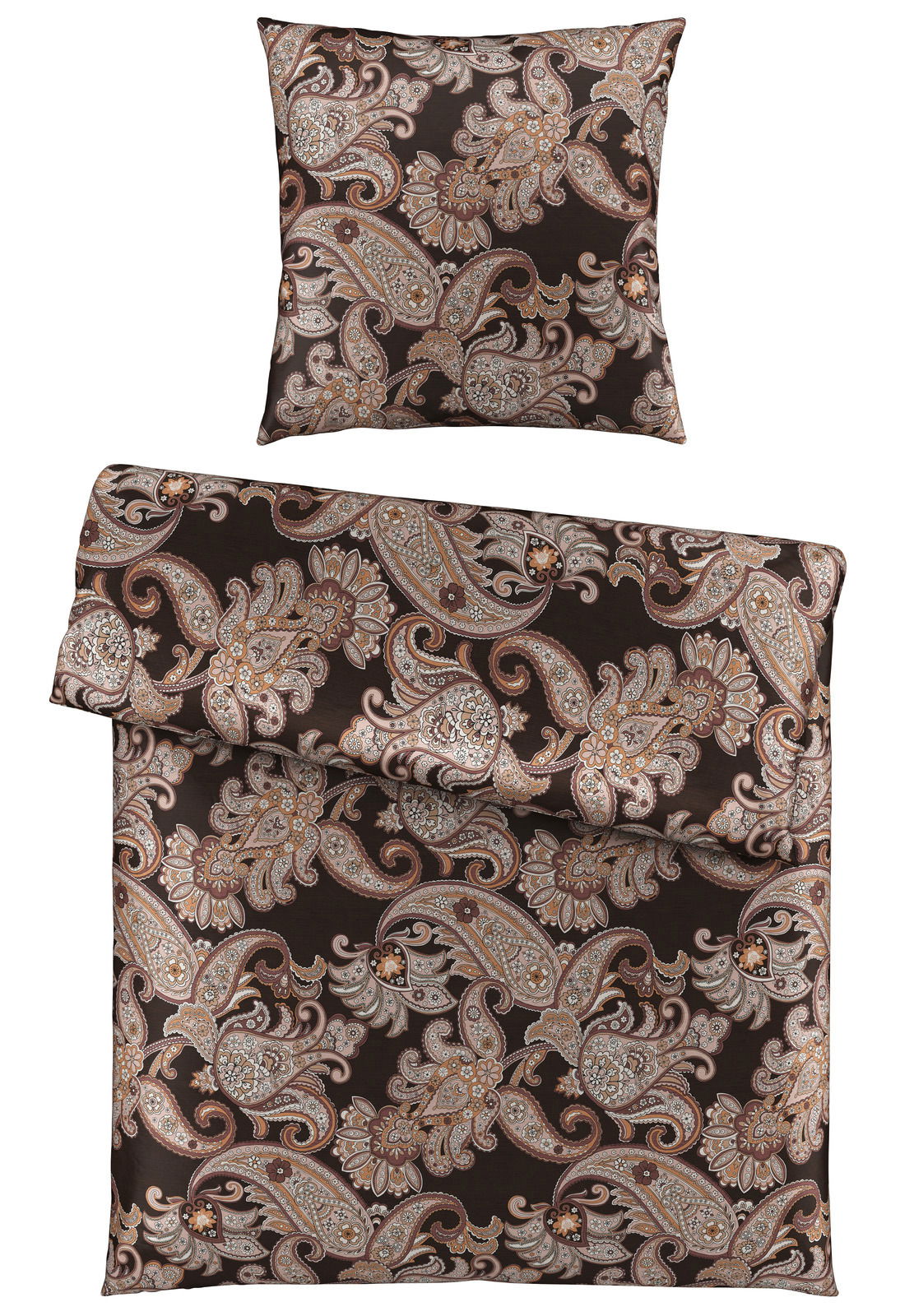 Bettwäsche-Set mit Paisley-Muster in Braun- und Beigetönen, bestehend aus einem Kissenbezug und einem Bettdeckenbezug, aus der Vogelperspektive fotografiert.