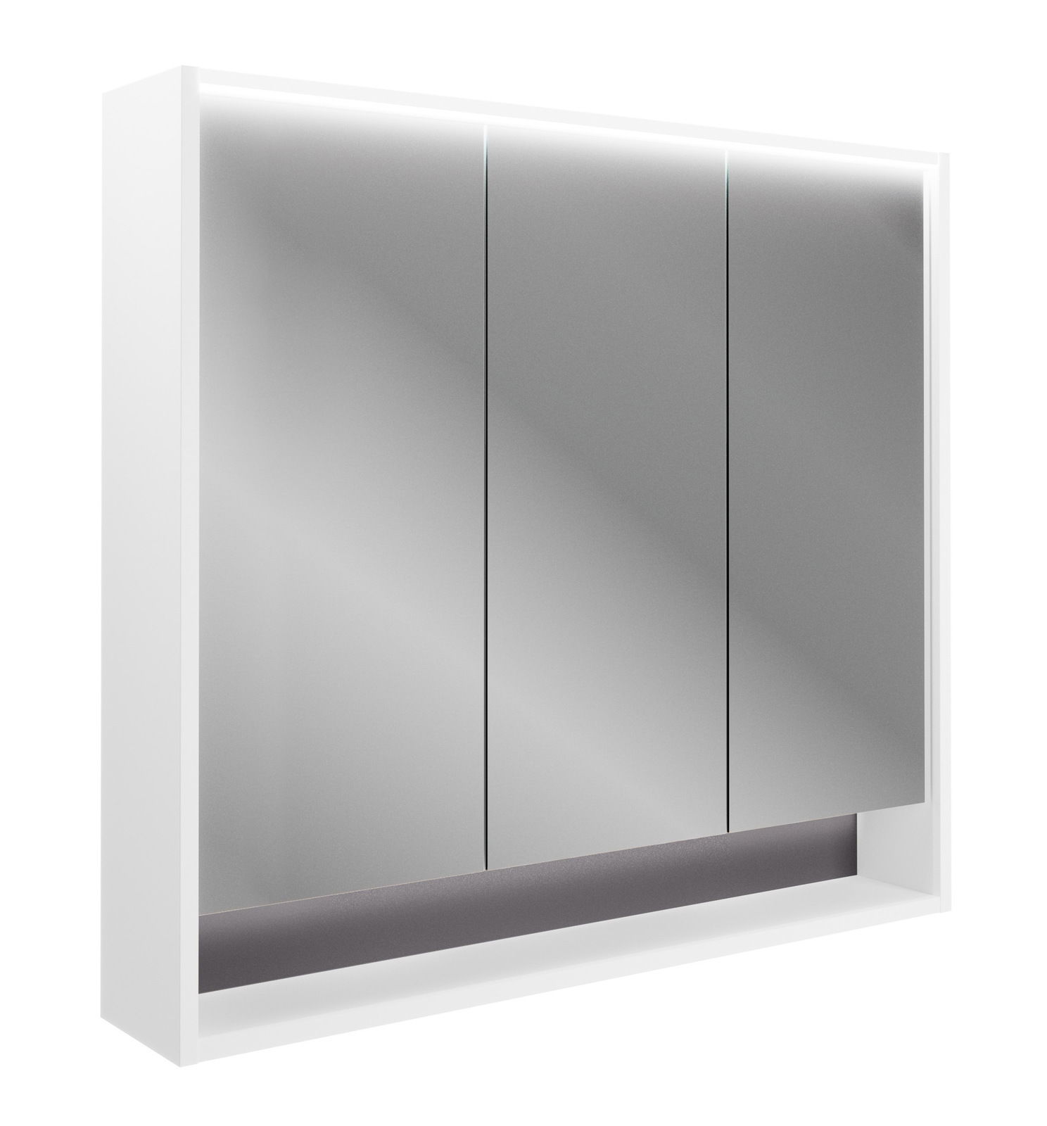 Moderner Spiegelschrank mit drei Türen und integrierter Beleuchtung, seitliche Perspektive