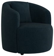 Dunkelblauer, moderner Sessel mit runder Form, seitliche Perspektive