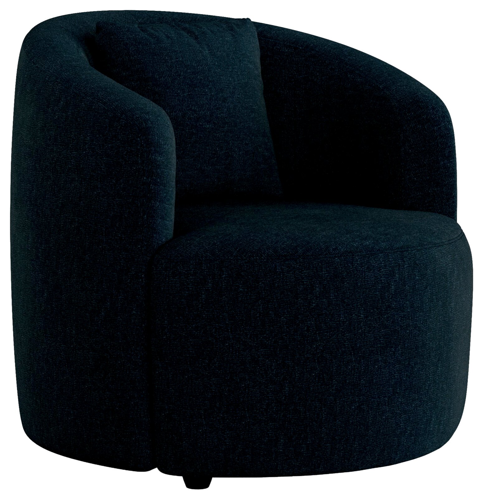 Donkerblauwe, moderne fauteuil met ronde vorm, zijaanzicht