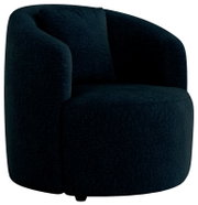 Donkerblauwe, moderne fauteuil met ronde vorm, zijaanzicht