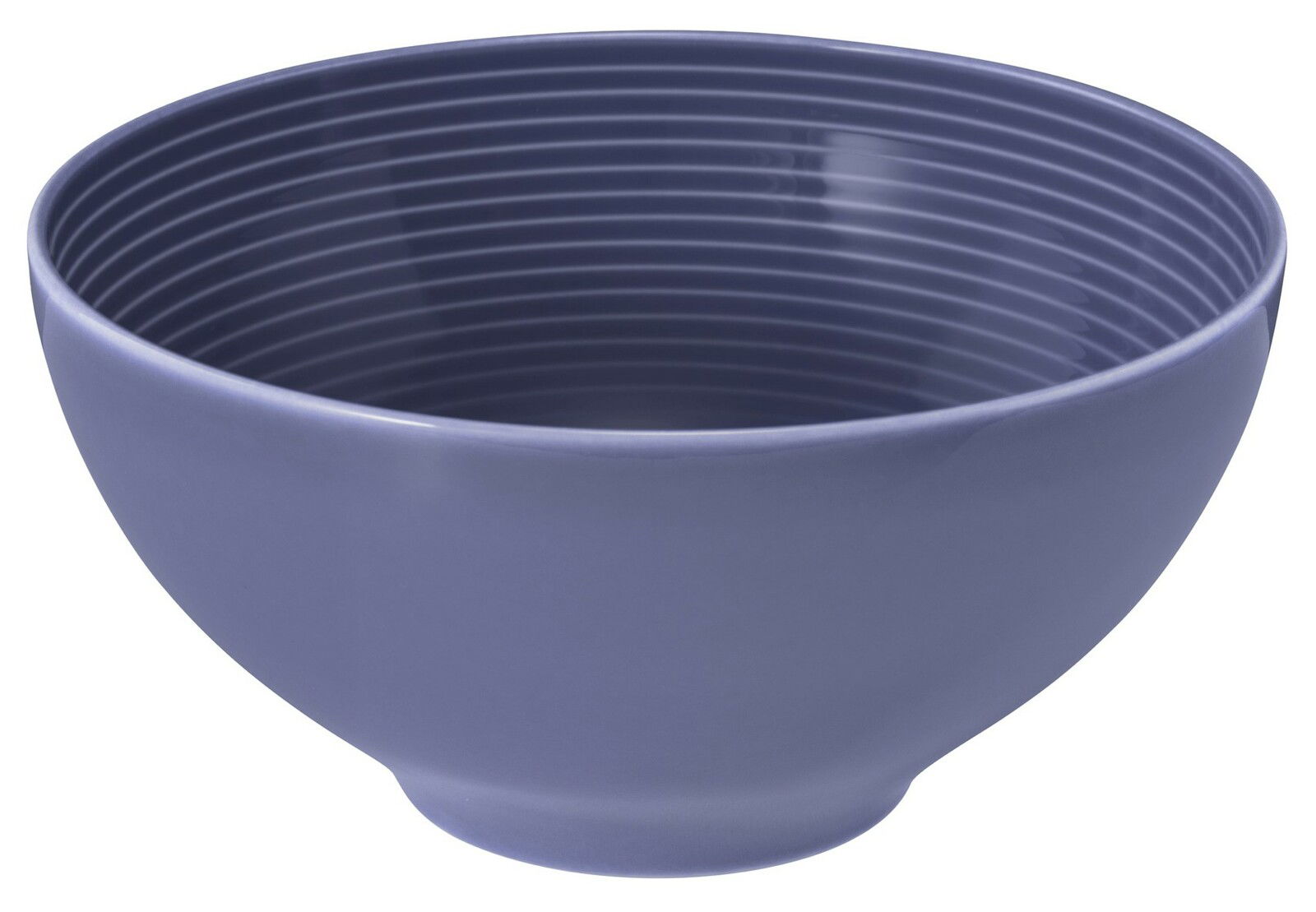 Runde, lilafarbene Schüssel mit gerilltem Innenmuster, seitliche Perspektive