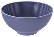 Runde, lilafarbene Schüssel mit gerilltem Innenmuster, seitliche Perspektive