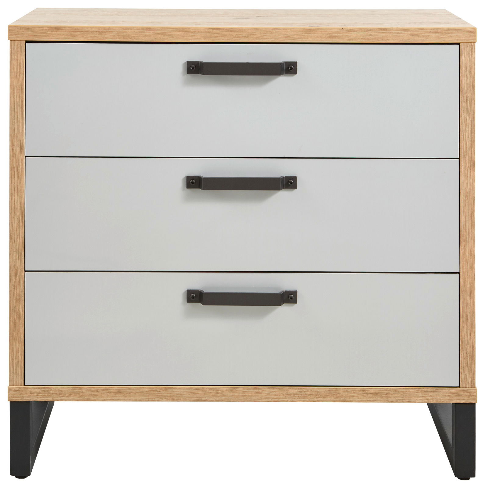 XORA Kommode MALO Frontale Ansicht einer modernen Kommode mit drei Schubladen, hellgrauen Fronten und schwarzen Griffen, umrahmt von einem Holzrahmen.