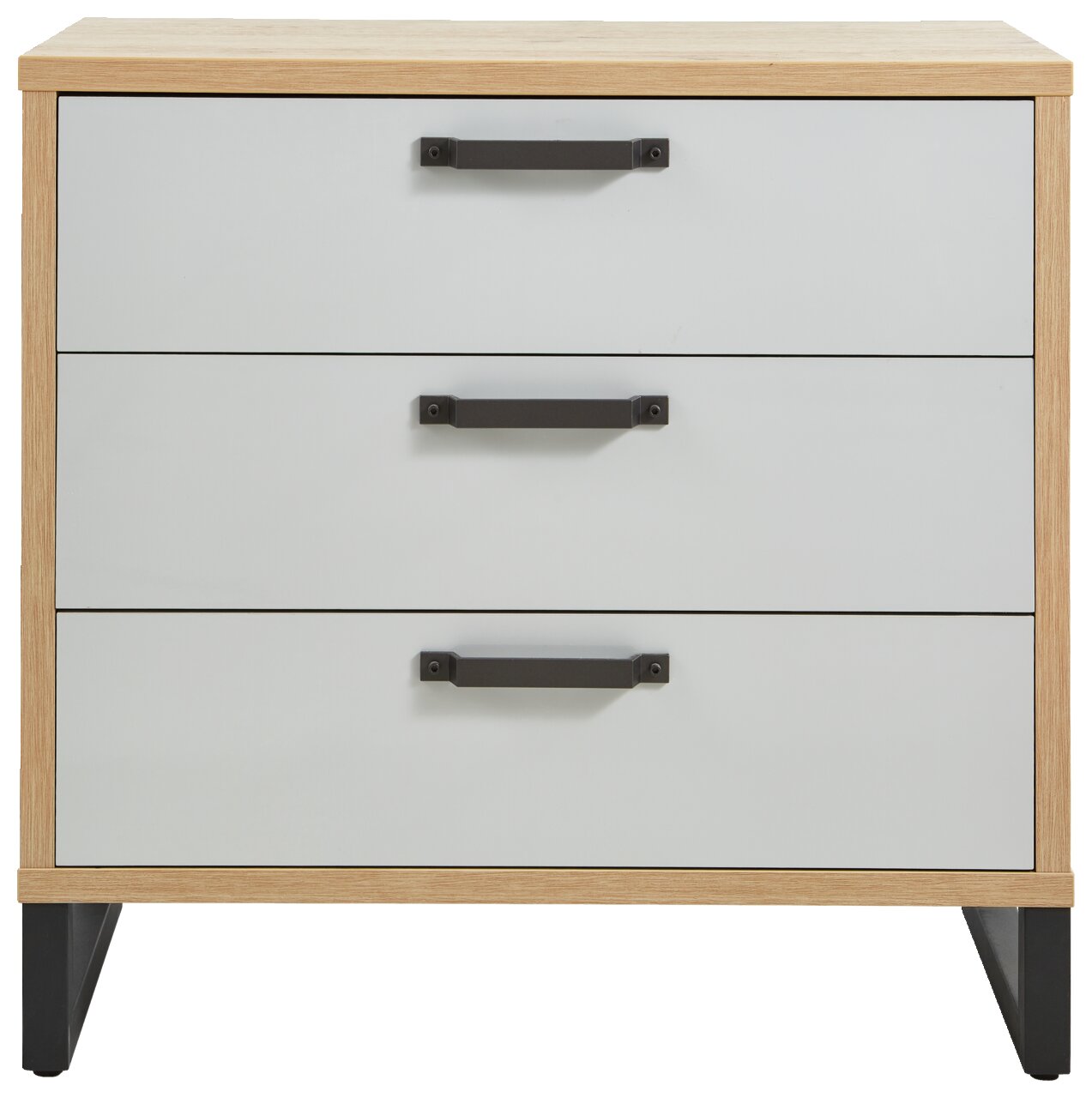 XORA Kommode MALO Frontale Ansicht einer modernen Kommode mit drei Schubladen, hellgrauen Fronten und schwarzen Griffen, umrahmt von einem Holzrahmen.