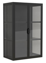 Schwarzer Metall-Glasvitrinenschrank mit zwei Glastüren und Einlegeböden, freigestellt auf weißem Hintergrund, Ansicht schräg von vorne