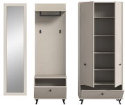 Garderobenkombination in frontalansicht mit Spiegel, Haken und Schrank mit Regalen.