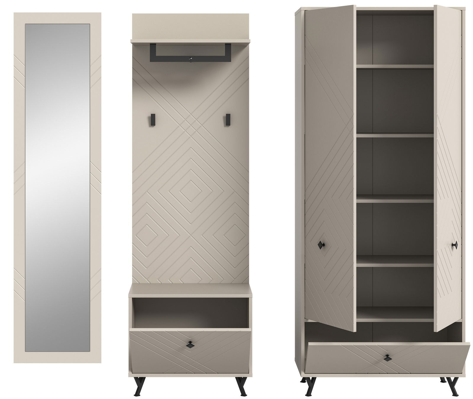 Garderobenkombination in frontalansicht mit Spiegel, Haken und Schrank mit Regalen.