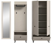 Garderobenkombination in frontalansicht mit Spiegel, Haken und Schrank mit Regalen.