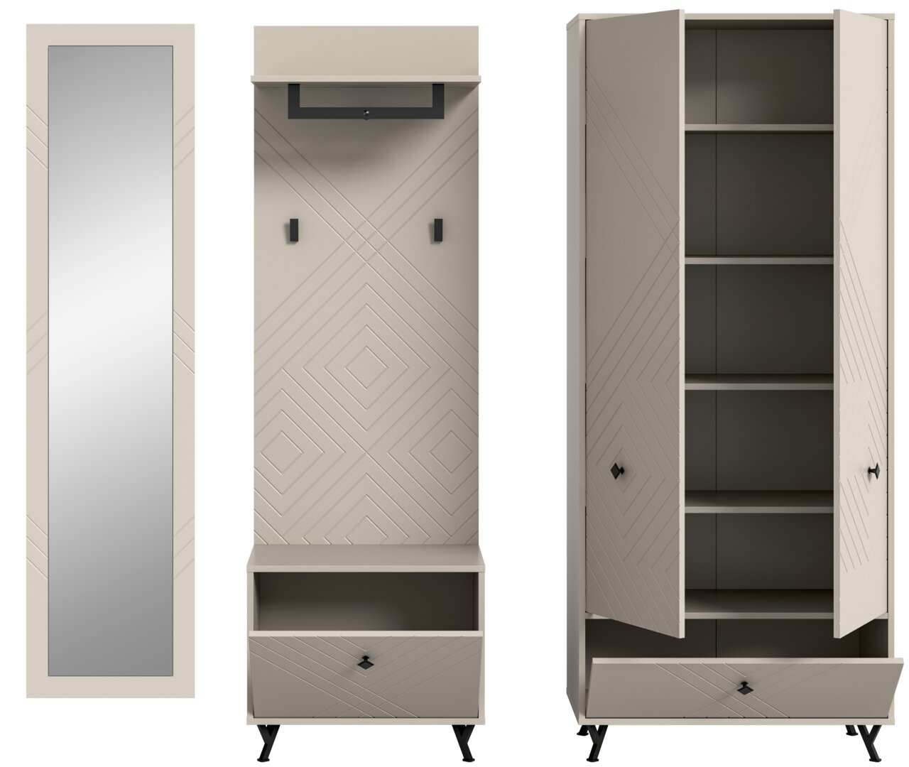 Garderobenkombination in frontalansicht mit Spiegel, Haken und Schrank mit Regalen.