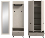Garderobenkombination in frontalansicht mit Spiegel, Haken und Schrank mit Regalen.