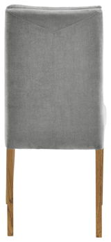 Rückansicht eines grauen Stuhls mit Holzbeinen