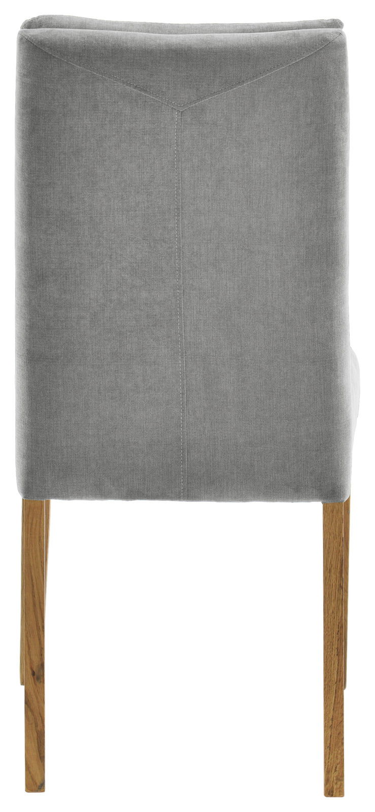 Rückansicht eines grauen Stuhls mit Holzbeinen