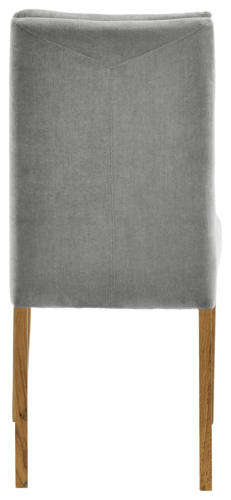 Rückansicht eines grauen Stuhls mit Holzbeinen