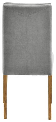 Rückansicht eines grauen Stuhls mit Holzbeinen