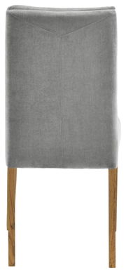 Rückansicht eines grauen Stuhls mit Holzbeinen