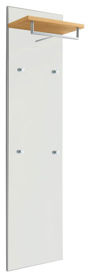 Garderobenpaneel aus der Serie SANTINA von VOSS mit einer Holzablage und mehreren Haken, seitliche Perspektive.