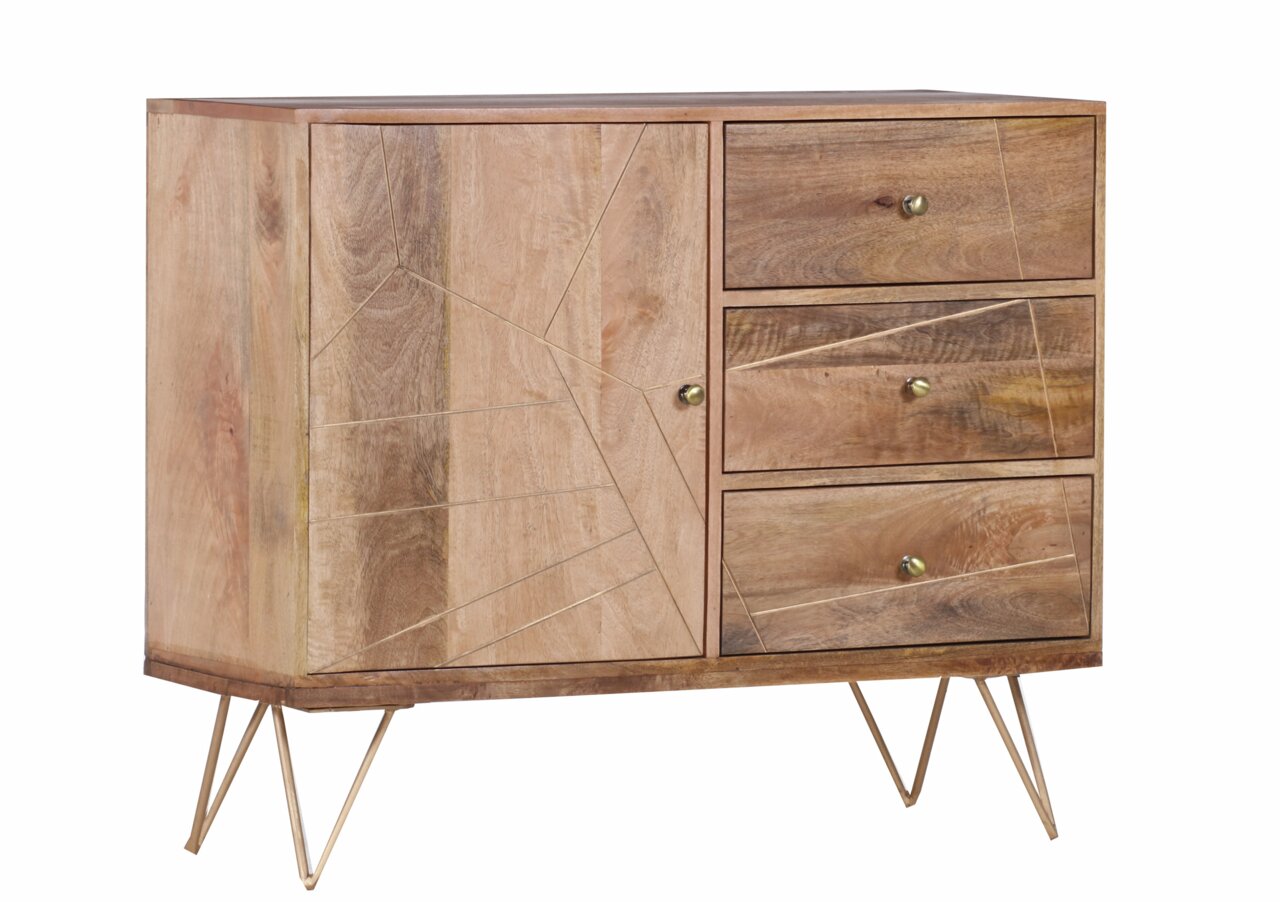 Holzkommode mit drei Schubladen und einer Tür, geometrisches Muster, goldene Griffe, seitliche Perspektive