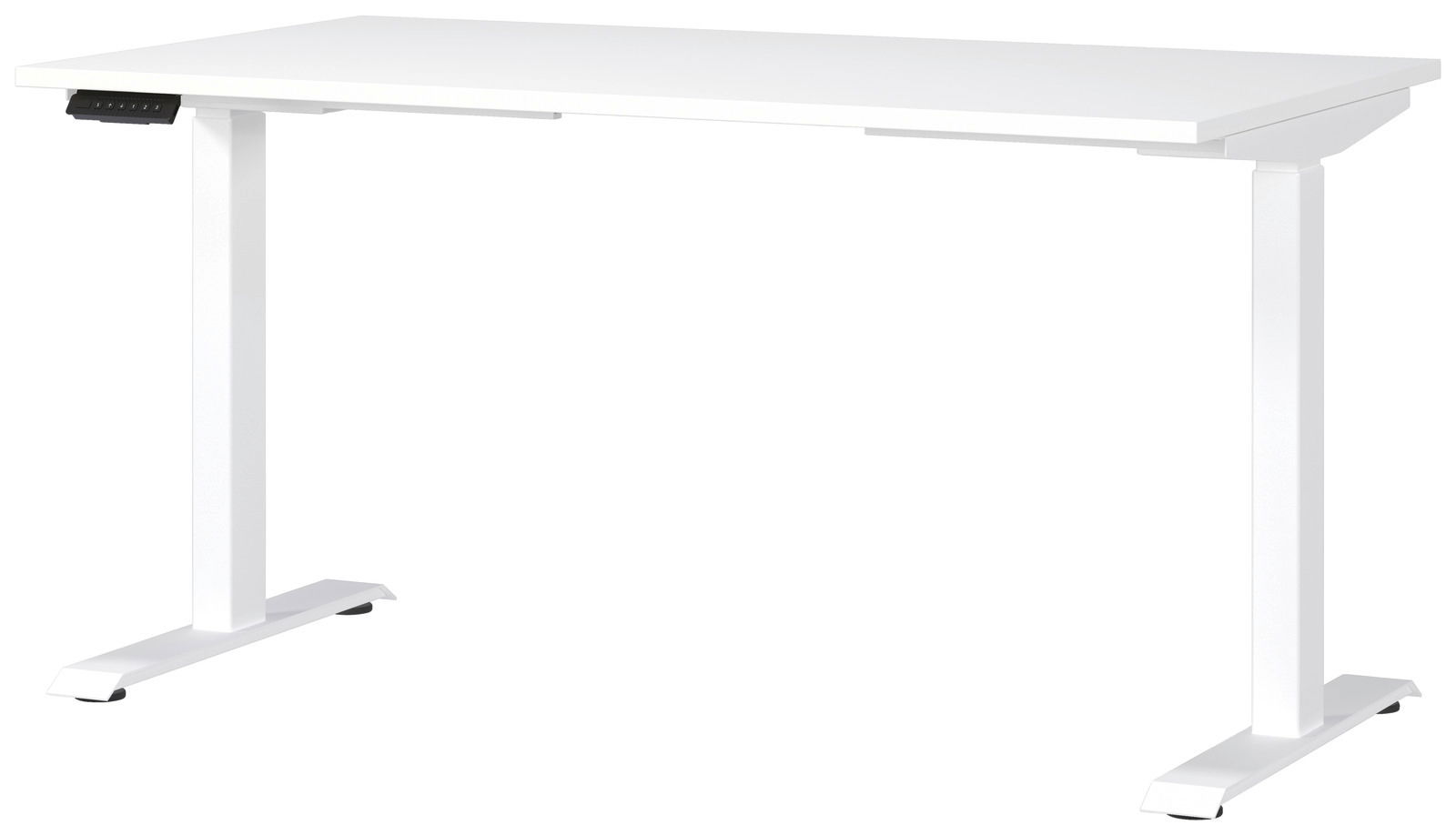 Weißer E-Schreibtisch mit rechteckiger Tischplatte und höhenverstellbaren Beinen, seitliche Perspektive