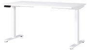 Weißer E-Schreibtisch mit rechteckiger Tischplatte und höhenverstellbaren Beinen, seitliche Perspektive