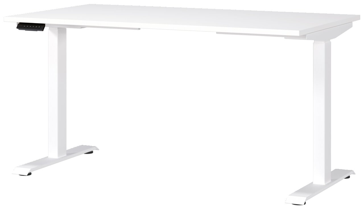 Weißer E-Schreibtisch mit rechteckiger Tischplatte und höhenverstellbaren Beinen, seitliche Perspektive