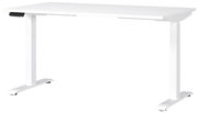 Weißer E-Schreibtisch mit rechteckiger Tischplatte und höhenverstellbaren Beinen, seitliche Perspektive