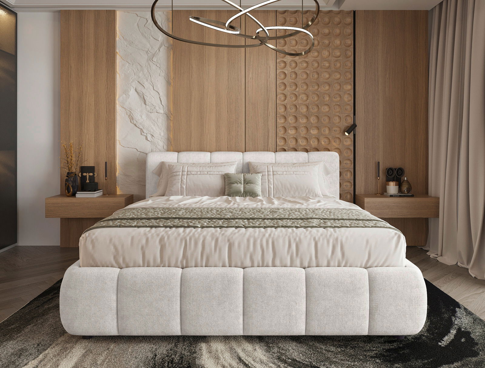 Modernes Polsterbettgestell in einem stilvollen Schlafzimmer, frontal betrachtet, mit eleganten Holzelementen und dekorativen Kissen.