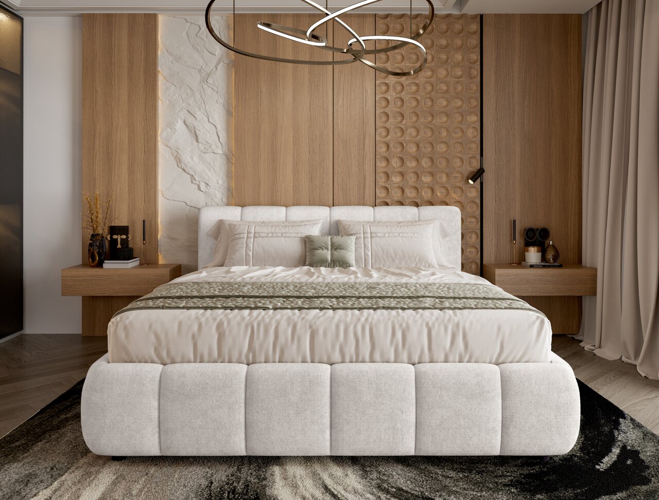 Modernes Polsterbettgestell in einem stilvollen Schlafzimmer, frontal betrachtet, mit eleganten Holzelementen und dekorativen Kissen.